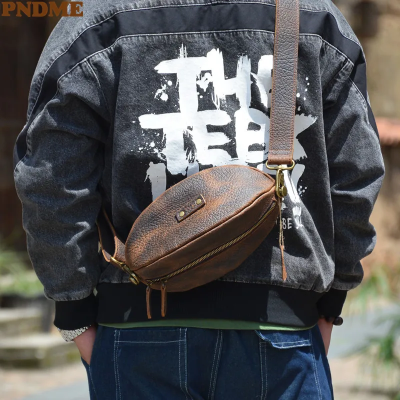 Fashion natural genuine leather rugby designer men's chest bag handmade real cowhide daily multifunctional crossbody bag