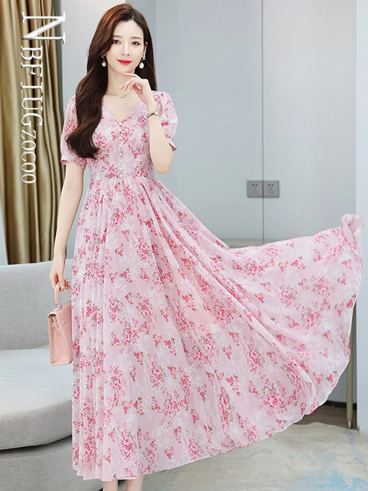 

French V Neck Floral Chiffon Women Dress 2022 New Temperament Female Dresses