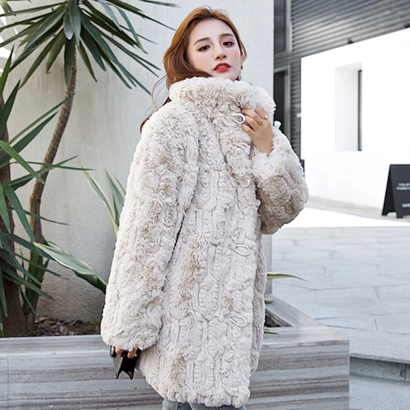

2022 Winter Women New Lamb Fleece Imitation Fur Jacket Female Mid-length Faux Rex Rabbit Korean Style Fur Loose Warm Coat Top