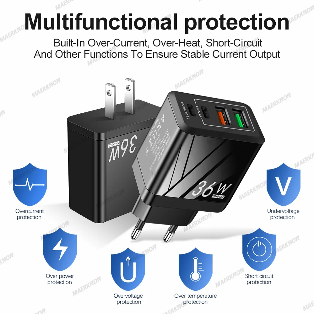 36W 2USB 2Type-C Fast Charger Quick Charge For iPhone 14 13 Pro Samsung S21 20 Xiaomi Huawei P50 40 Phone Adapter Wall Charger