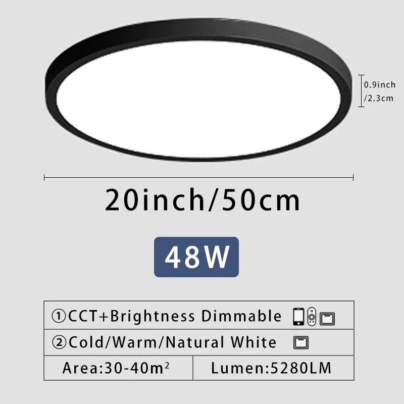 

20-дюймовый большой светодиодный потолочный светильник, интеллектуальное приложение, пульт дистанционного управления с регулируемой яркостью, домашний светильник для спальни, кабинета, ультратонкий потолочный светильник