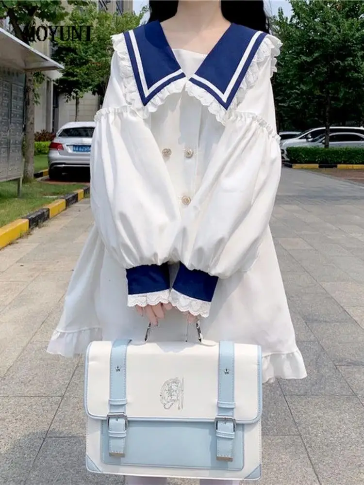 

Белое платье MOYUNI в стиле Лолиты, милые Лоскутные Платья с воротником-лодочкой и оборками и длинным рукавом, милая уличная одежда в японском ...