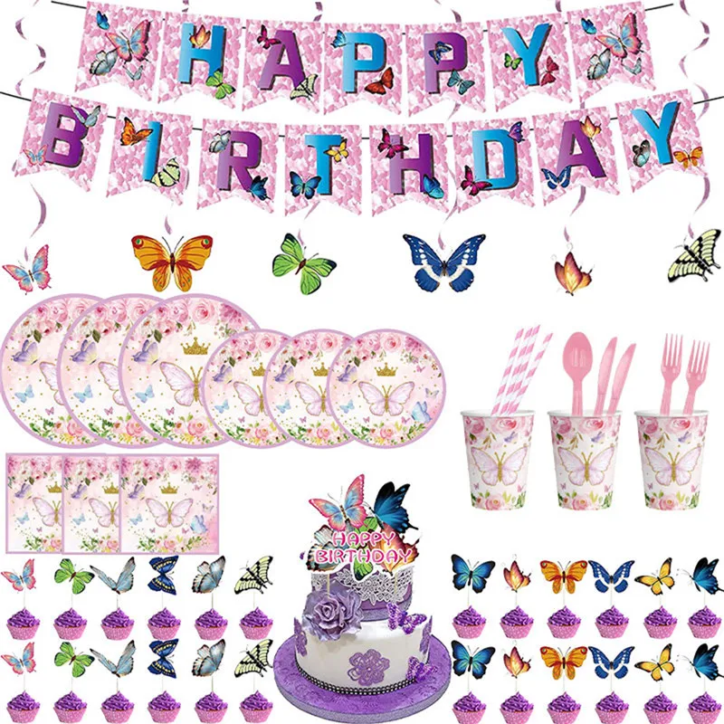 

Pink Butterfly Tableware Happy Birthday Banner Balloon 1st First Birthday Party Decoration Baby Shower Girl Birthday Party Favor