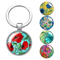 le colorful beauty flowers fashion glass cabochon keychain bag car key rings holder charms silver plated key chains women gifts