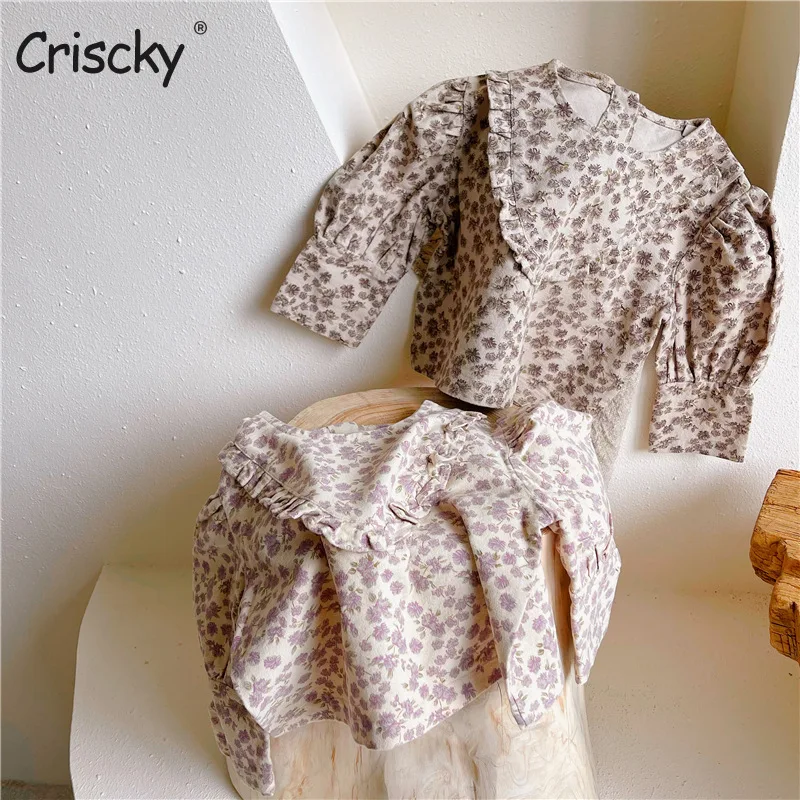

Criscky Kids Baby Girls Blouse Shirt 2022 Spring Fashion Girls Floral Shirt Long Sleeve Blue Ruffles Girls Blouse Shirt