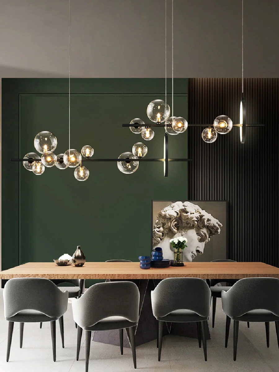 

Modern Dining Room LED Chandelier Restaurant Coffee Shop Clear Glass Ball Hanging Light Office Bar Deco Long Pendant Lamp Black