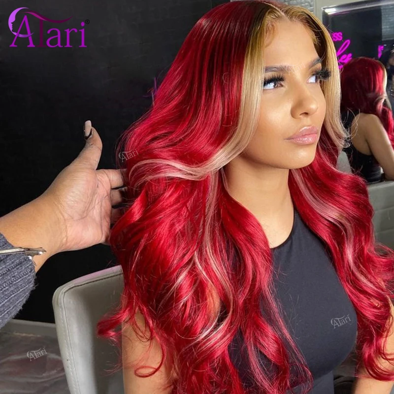 Hot Red with Blonde Ombre 13x4 Lace Frontal Human Hair Wigs Transparent 5x5 Body Wave Brazilian Lace Closure Wig Pre Plucked