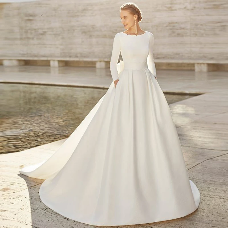 

Женское простое свадебное платье, элегантное ТРАПЕЦИЕВИДНОЕ ПЛАТЬЕ С глубоким круглым вырезом, поясом с бантом и открытой спиной, платье с шлейфом для часовни, 2023