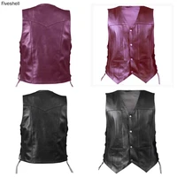 2022 new mens pu leather vest solid color v neck sleeveless jacket fashion single breasted motorcycle with pocket vest