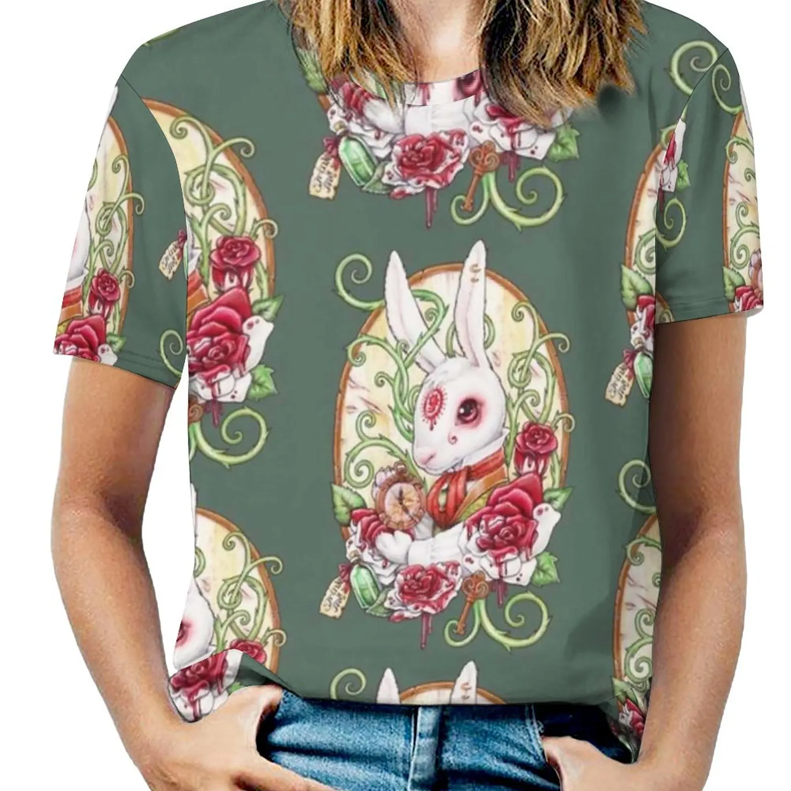 

Женская футболка с коротким рукавом, круглым вырезом и принтом кролика