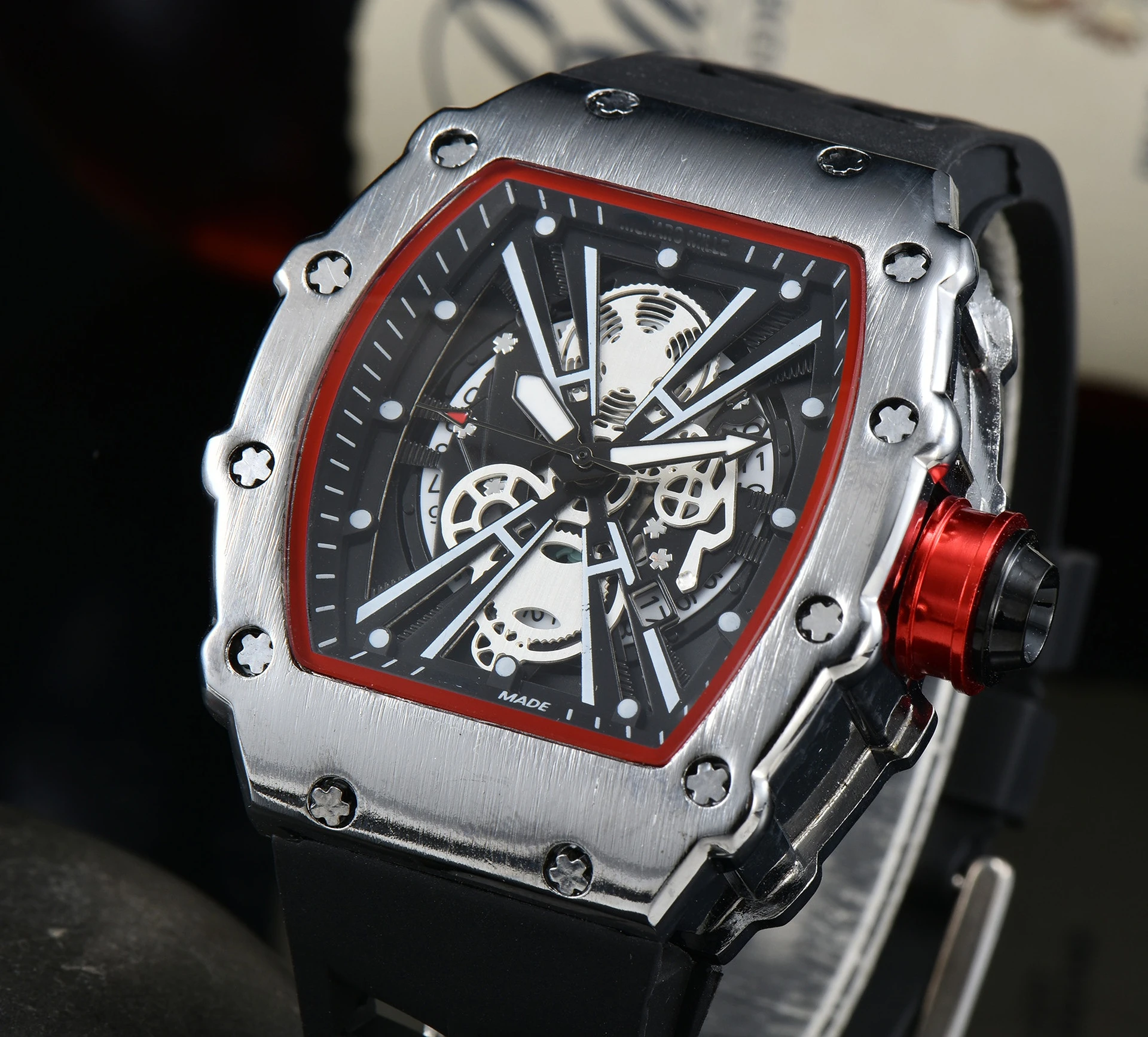 

Hot Sale Hollow Out Dial Date Multifunctional Luminous Pointer Richard Men's Watch Rubber Strap Barrel-casel Quartz Wristwatch