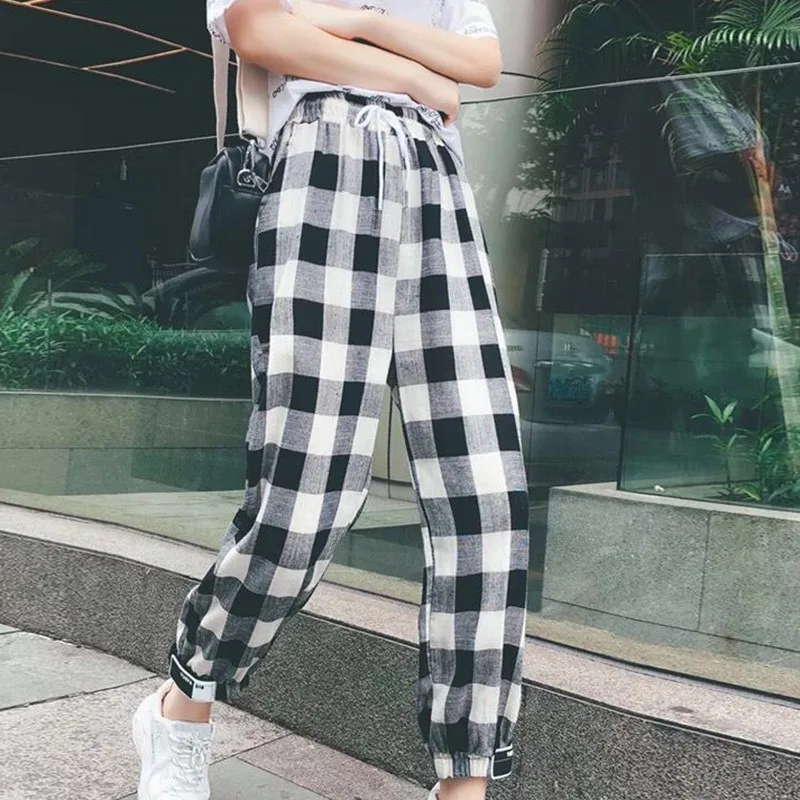 Female Harem Pants Pop Loose Drawstring New Fashion Women Autumn Casual Pants 2023 Clothes Black White Plaid Trousers Clothing