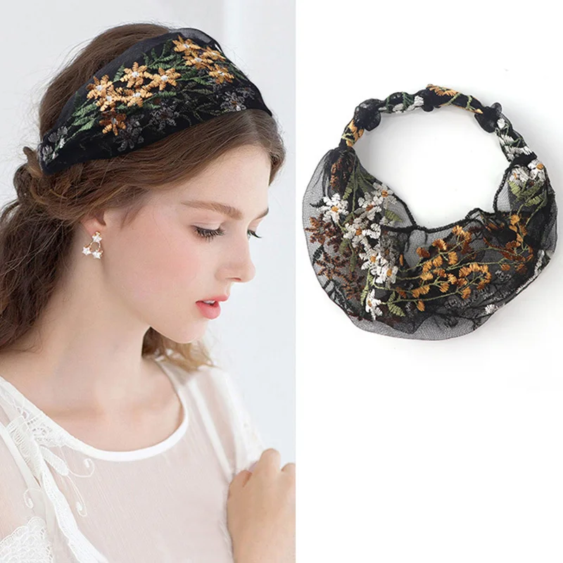 

Sumemr Wide Headband for Women Ethnic Embroidery Flower Mesh Wide Edge Headbands Hibiscus Mutabilis Lace Bandaba Turban Headwear