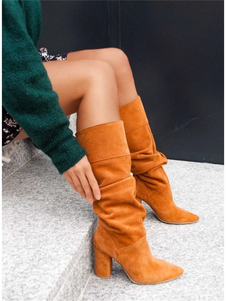 Women Boots 2022 Winter New Designer Luxury Faux Suede Fashion High Heel Women Shoes Elegant Plus Size Lady Mid Calf Boots