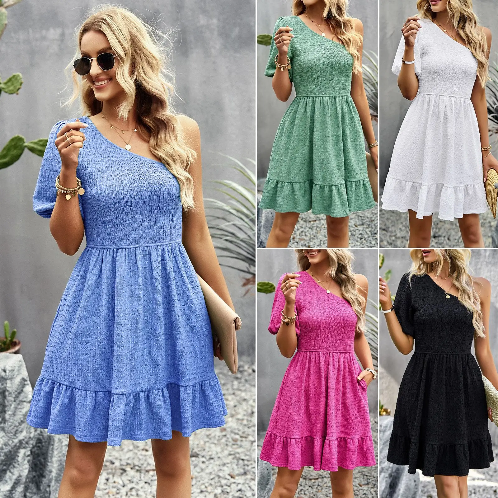 

Women Dresses Summer Fashion Sexy Pure Color Diagonal Collar Patocwork Elegant Temperament Dress Short Casual Dress
