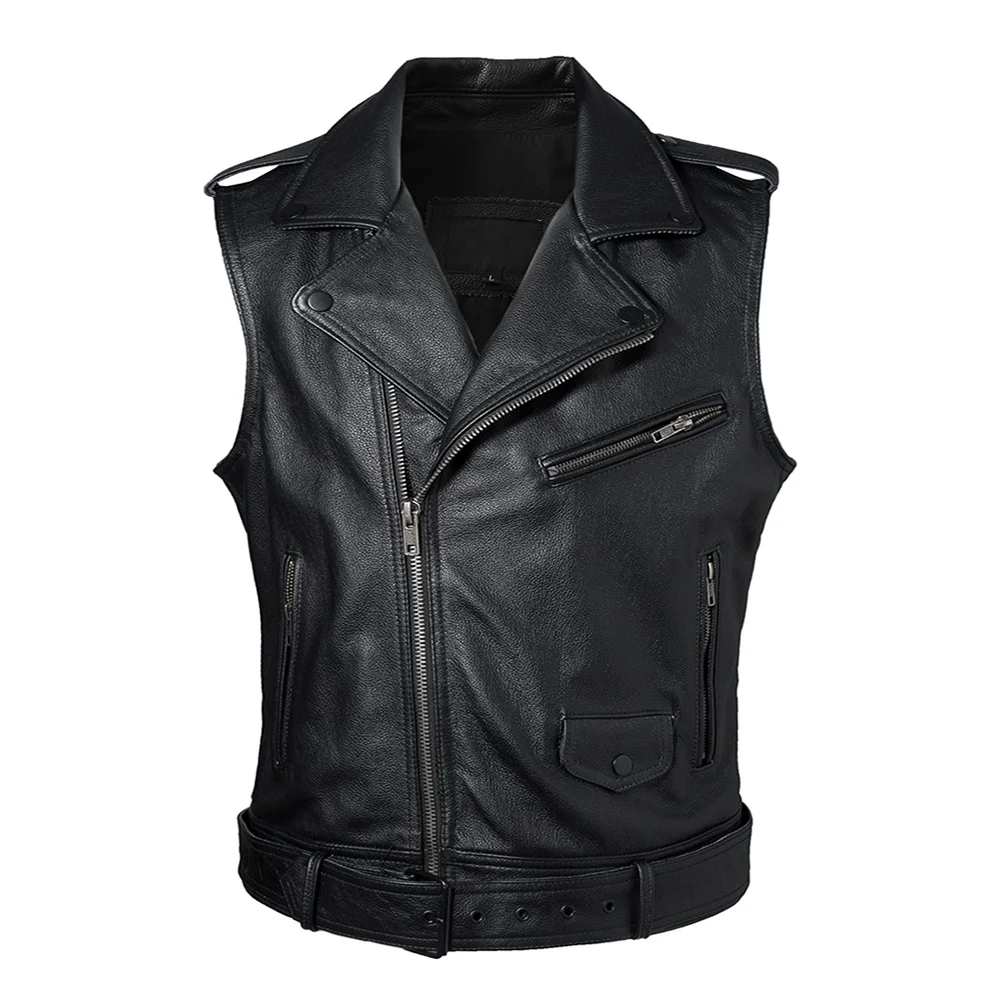 

Men's Classical Motorcycle 100% Cowhide Vest Oblique Zipper Genuine Leather Sleeveless Jackets Slim Motor Biker Vests