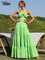 yesexy 2022 dresses women summer casual clothes off shoulder halter sexy backless maxi elegant vintage long green vestidos