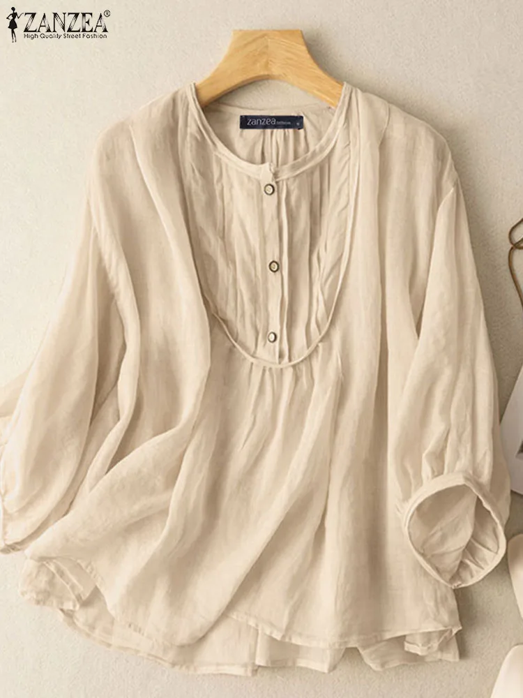 

Модная офисная рубашка ZANZEA, летняя женская элегантная однотонная блузка, женская рубашка с пышными рукавами и круглым вырезом, Повседневная Уличная одежда, топы большого размера