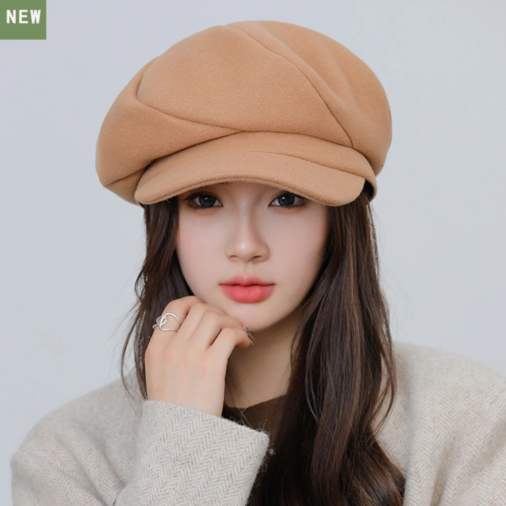 

HT4273 Berets New Autumn Winter Hats for Women Solid Plain Octagonal Newsboy Cap Fashion Oversized Artist Painter Wool Beret Hat