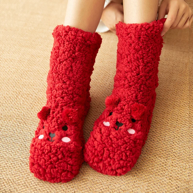 Cute Floor Women Socks Autumn Winter Velvet Coral Fleece Sock Sleep Home Slippers Snow Happy Funny Confinement Bear Carpet Socks