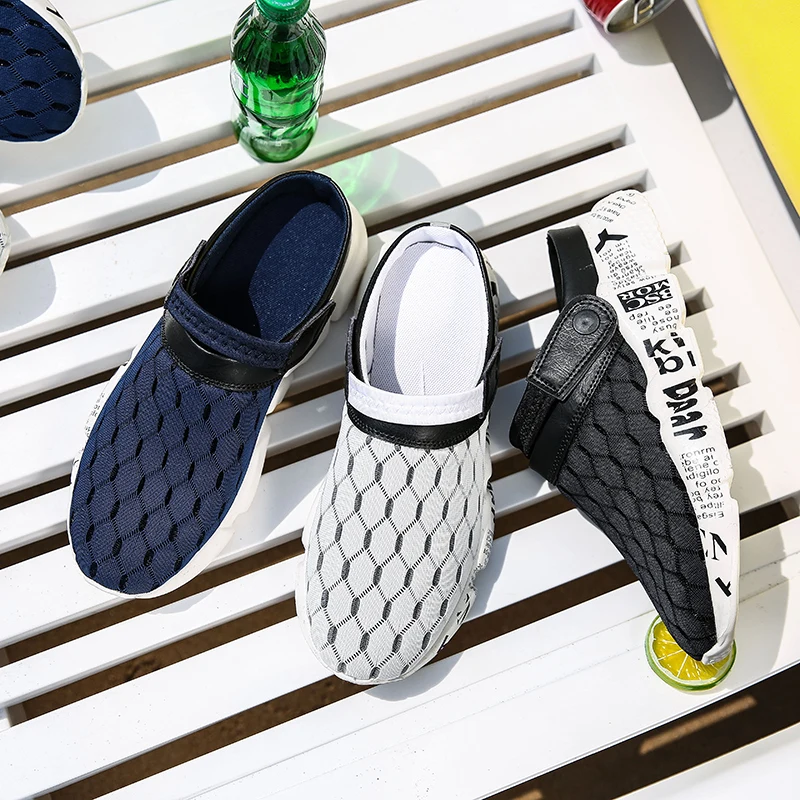 Summer Mens Mesh Sandals Breathable Slippers Lightweight Half Flip Flop Male Fashion Slip-on Outdoor Hole Sandals Beach Shoes