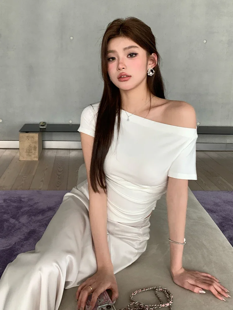 Асимметричные сексуальные однотонные базовые повседневные женские футболки с