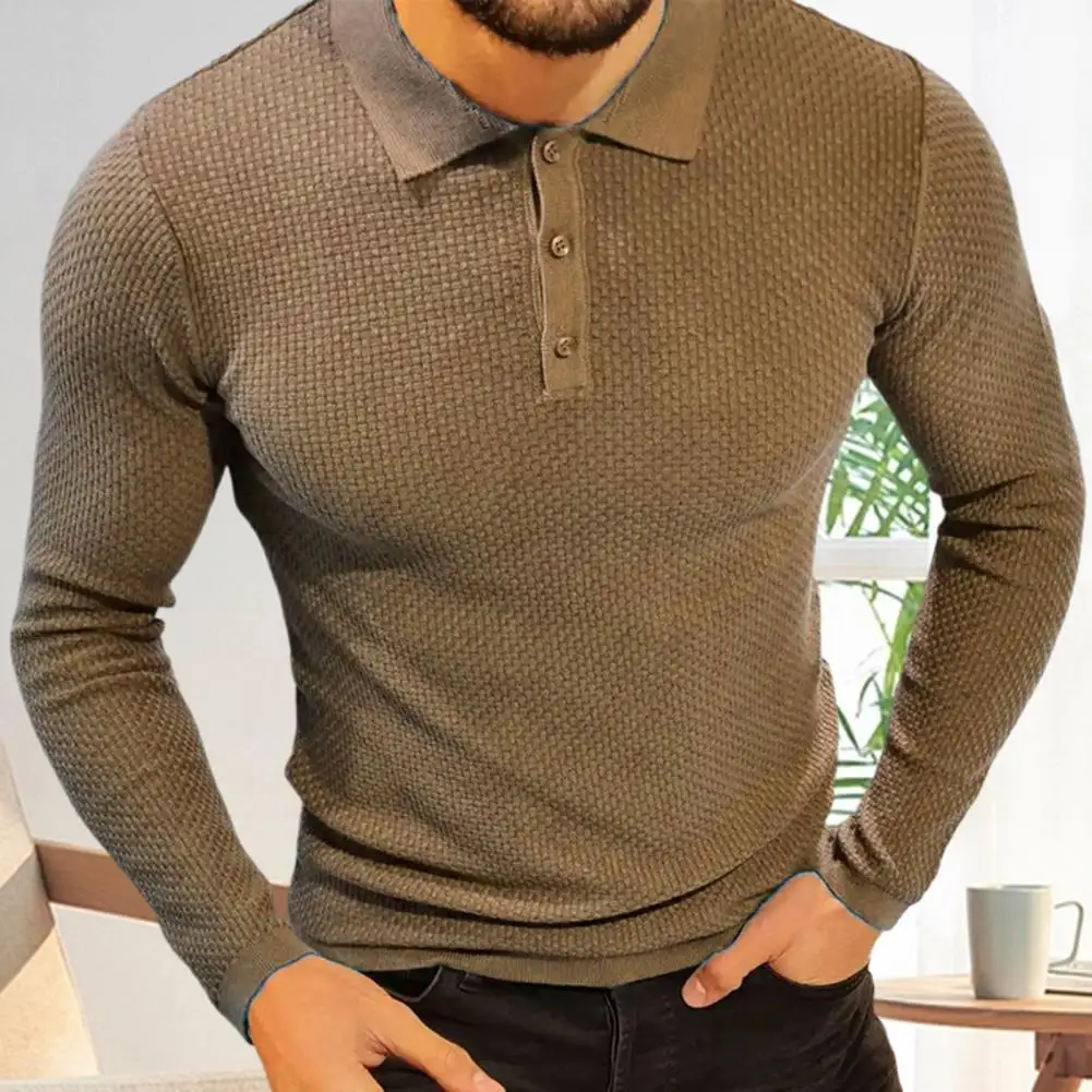 

Трикотажные идентичные Мужские осенне-зимние трикотажные топы с лацканами и пуговицами однотонные с длинным рукавом с рифленой текстурой подол для стиля