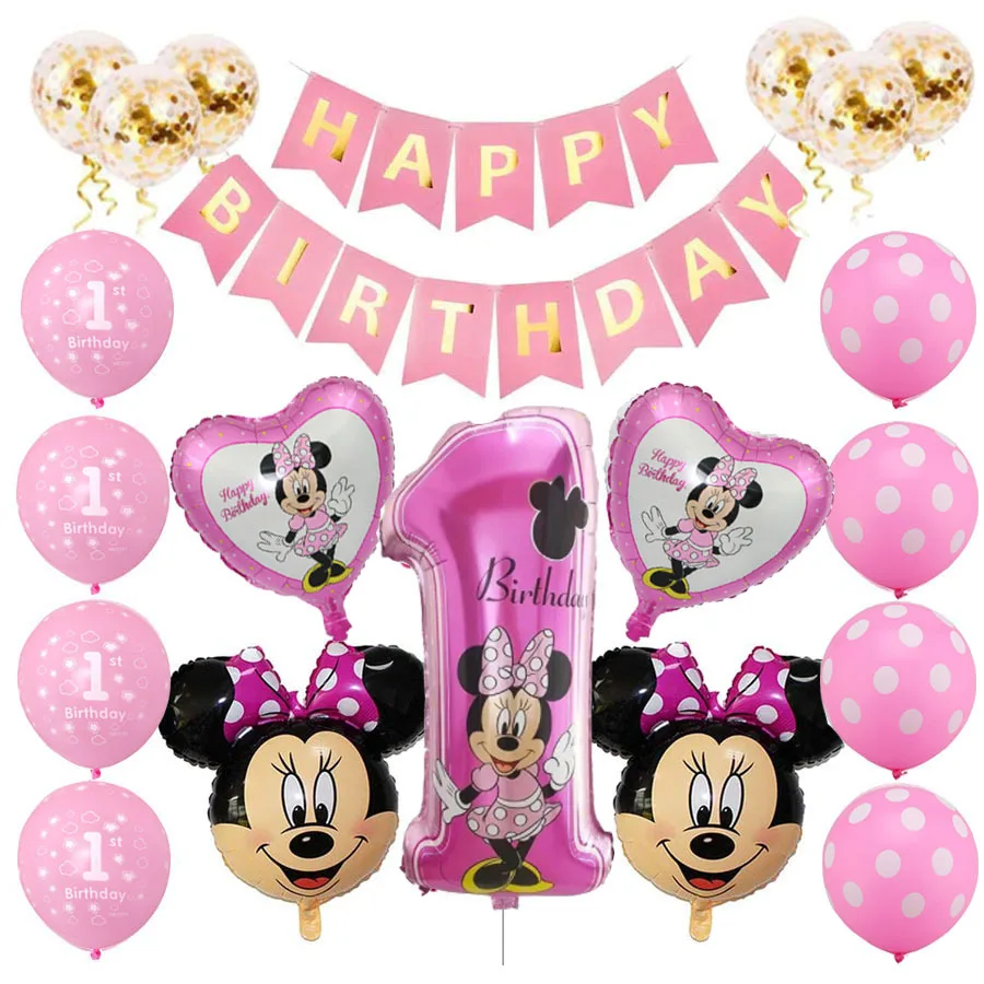 

Disney Mickey Minnie Theme Children's Party Pink Blue Latex Balloon Happy Birthday Flag Decoration