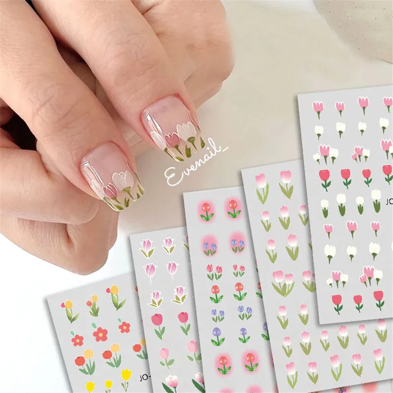 

5pcs/Wrap Nail Art Tulip Flower Embossed Sticker Nail Floral Designs Transfer Decal Stickers Self Adhesive Slider Nail Art Decor