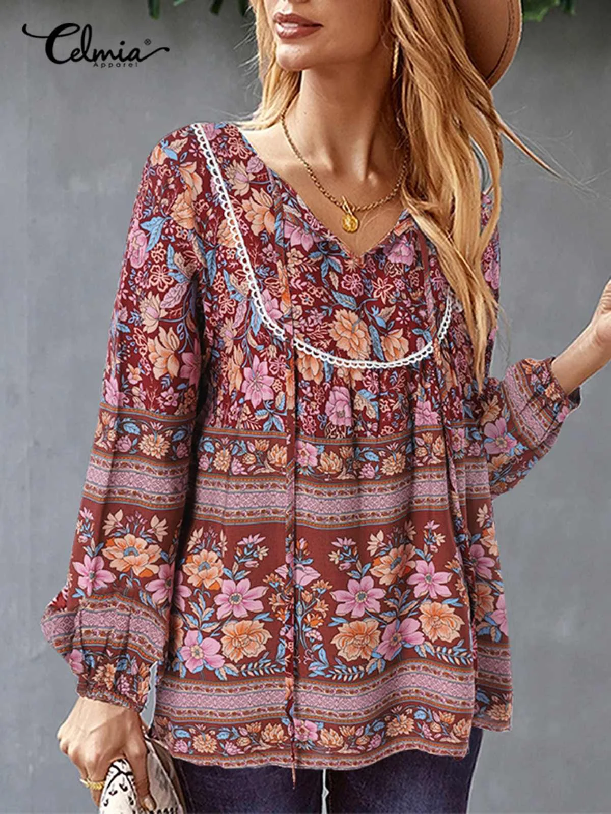 

Celmia Vintage Lace Blouses Long Sleeve V-neck Floral Print Women Party Blusas 2022 Summer Bohemain Casual Loose Tops Shirts