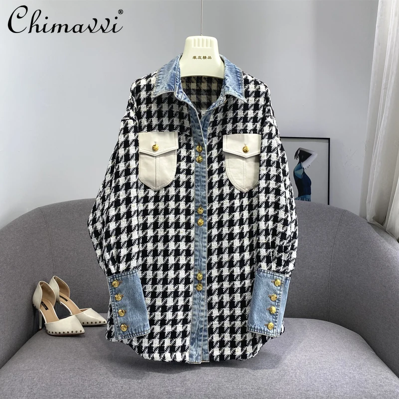 

2022 Spring Clothes New Fashion Houndstooth Coat Denim Stitching Design Korean Style All-Matching Graceful Jacket for Women