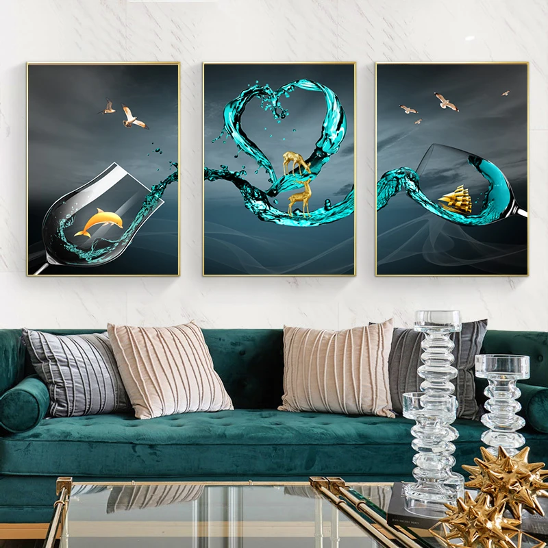 

Blue Wine Glass Canvas Abstract Painting Wall Art Posters and Prints Nordic Style Decorative Pictures For Home Decoration