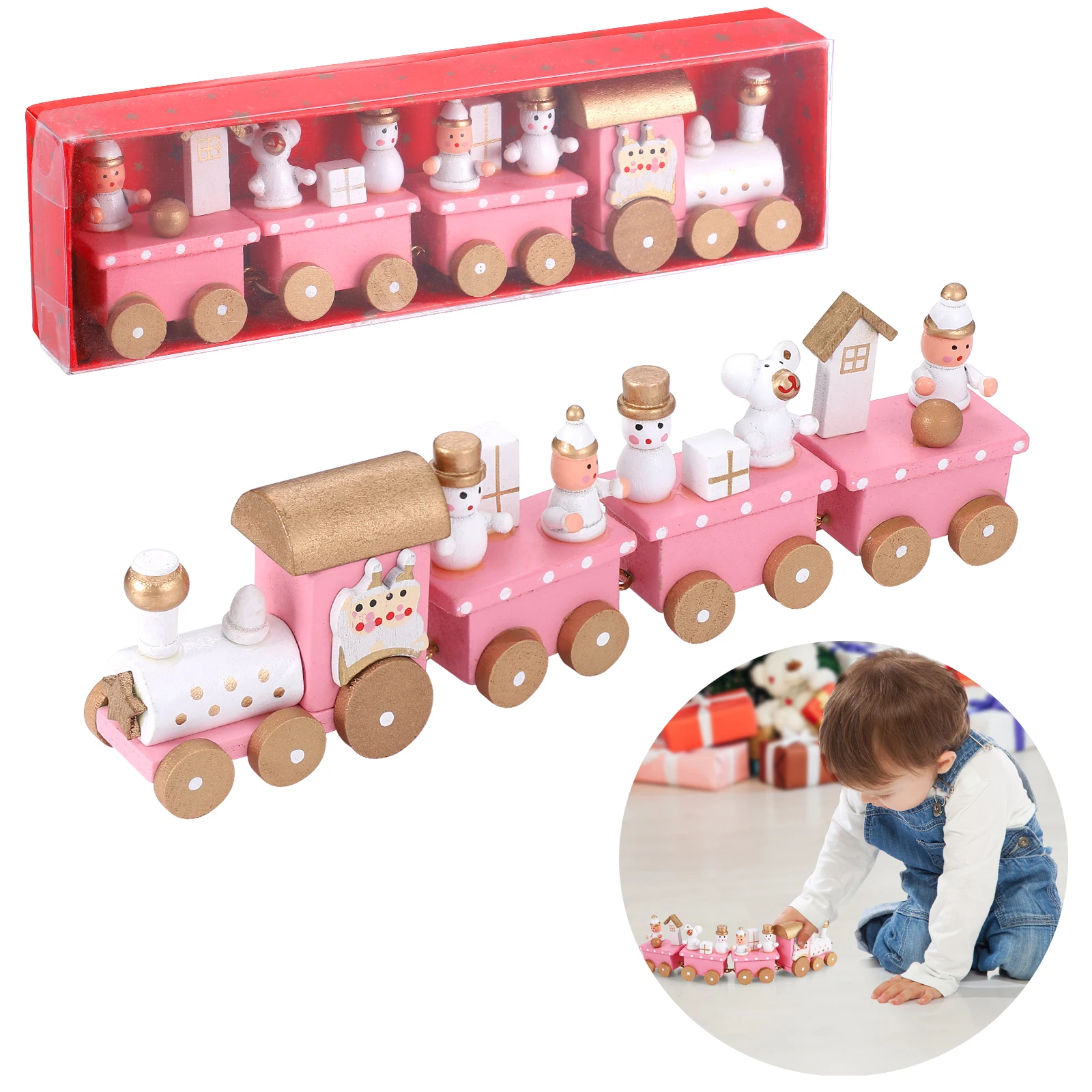 Christmas Wooden Train 4 Section Mini Train Rail Toy Set Creative Train Adornment with Snowman and Bear Desktop Gift for Kids