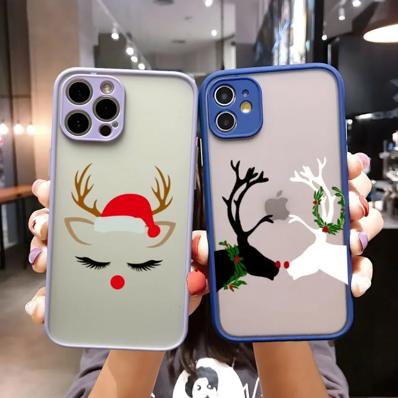 

Merry Christmas Santa Deer Phone Case Matte Translucent For IPhone 12Pro 13 11 Pro Max Mini Xs X Xr 7 8 6 6s Plus Se 2020 Cover