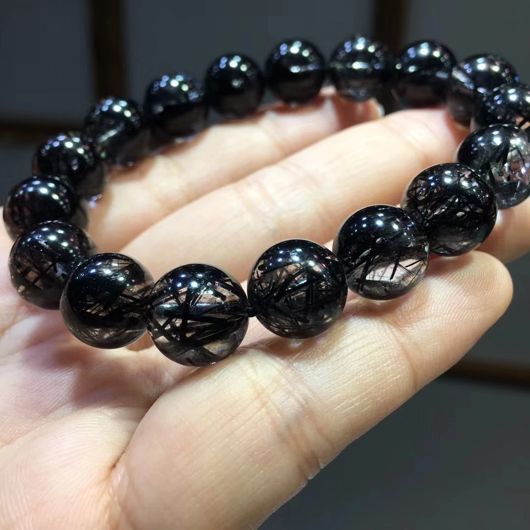 

Natural Black Rutilated Quartz Clear Round Beads Bracelet Women Men Crystal 12.3mm Brazil Rutilated AAAAAA