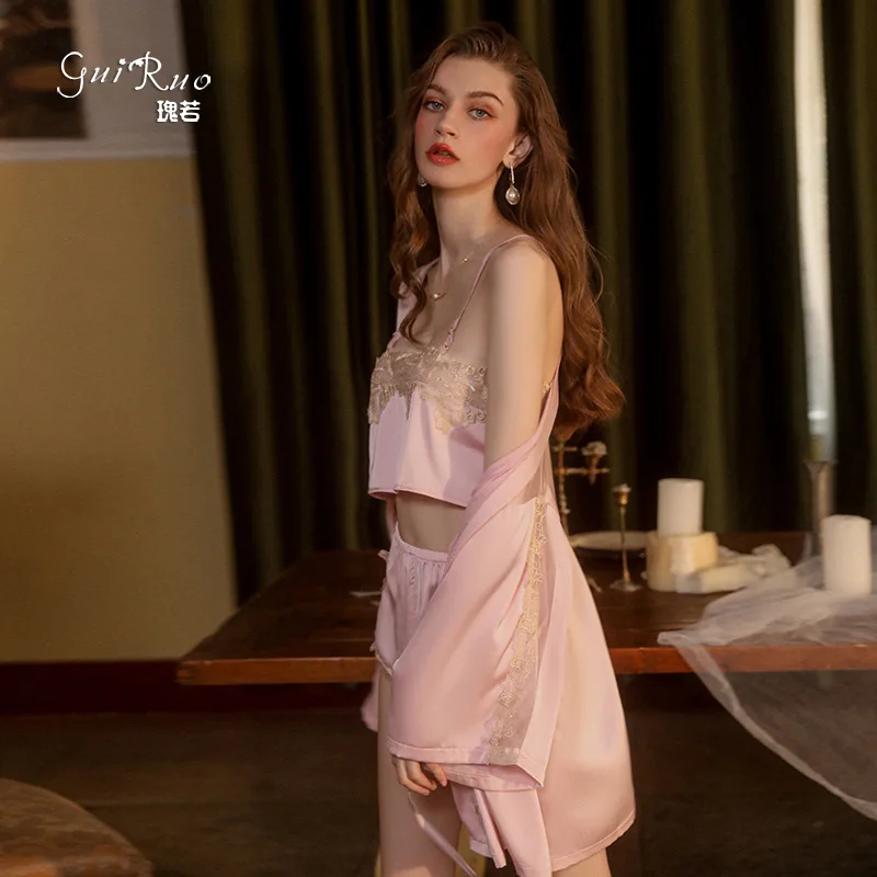 Women Sexy Pijamas Set Satin Lace Embroidered Halter Nightgown Top Shorts Robe Ladies' Sleepwear Femme Loungewear