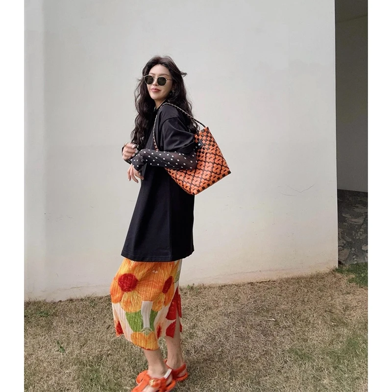 Юбка-миди Женская плиссированная трапециевидная с цветочным принтом и разрезом