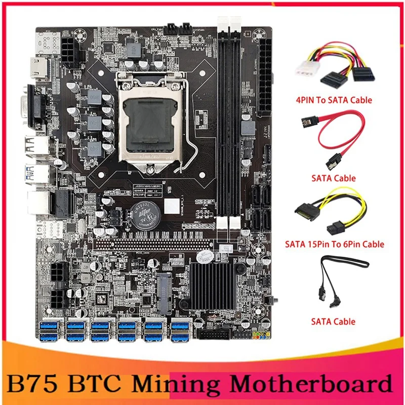 B75 BTC Mining Motherboard 12 PCIE To USB LGA1155 SATA Cable+4PIN To SATA Cable+SATA To 6Pin Cable B75 ETH Motherboard