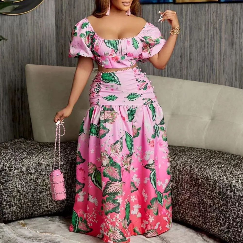 Летний женский костюм Модный повседневный короткий топ и удобная длинная юбка