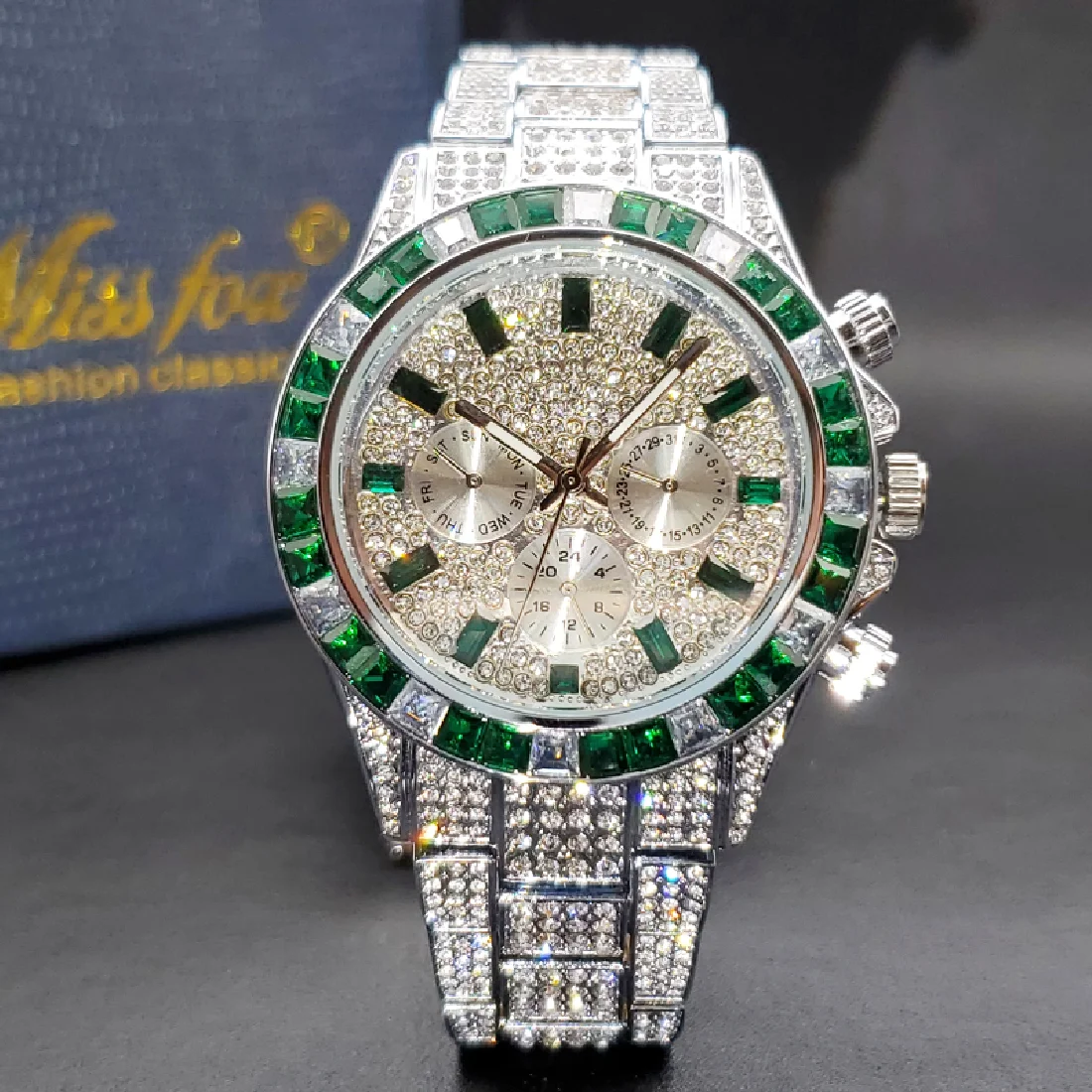 

Green Watch For Men Full Icedout Diamond Luxury Style Hip Hop Watches Chronograph Expensive Clock Power By Battery Dropshipping