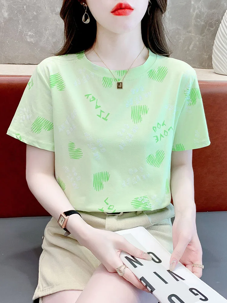 White Pure Cotton Loose Short Sleeve T-Shirt Women's 2025 Summer Slish T-shirt Heart Printed All-Matching Anti-Aging Top |