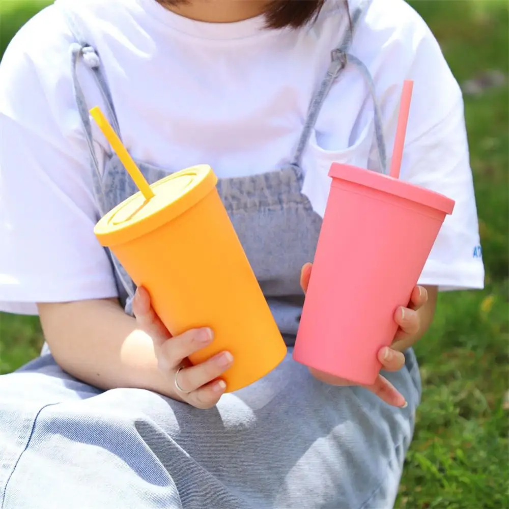 

450ml Plastic Straw Cup Summer Large Capacity Water Cup With Lid Reusable Coffee Cup Portable Outdoor Cup Frosted Rubber Cup