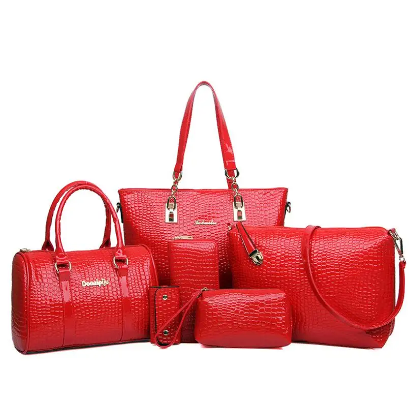 

High-end Six-piece Female Bags European American One-shoulder Messenger Bag Fashion Bright Leather Womens Totes Handbag
