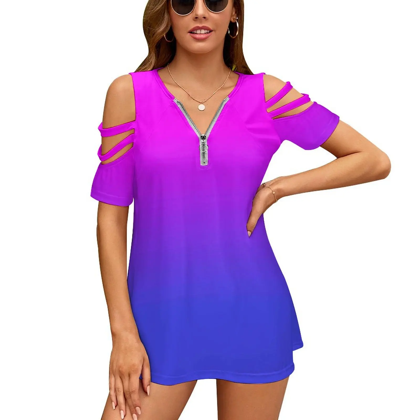 

Neon Blue And Hot Pink Ombré Shade Color Fade Women'S T-Shirt New Fashion Printed Zipper V-Neck Short Sleeve T Shirts Casual
