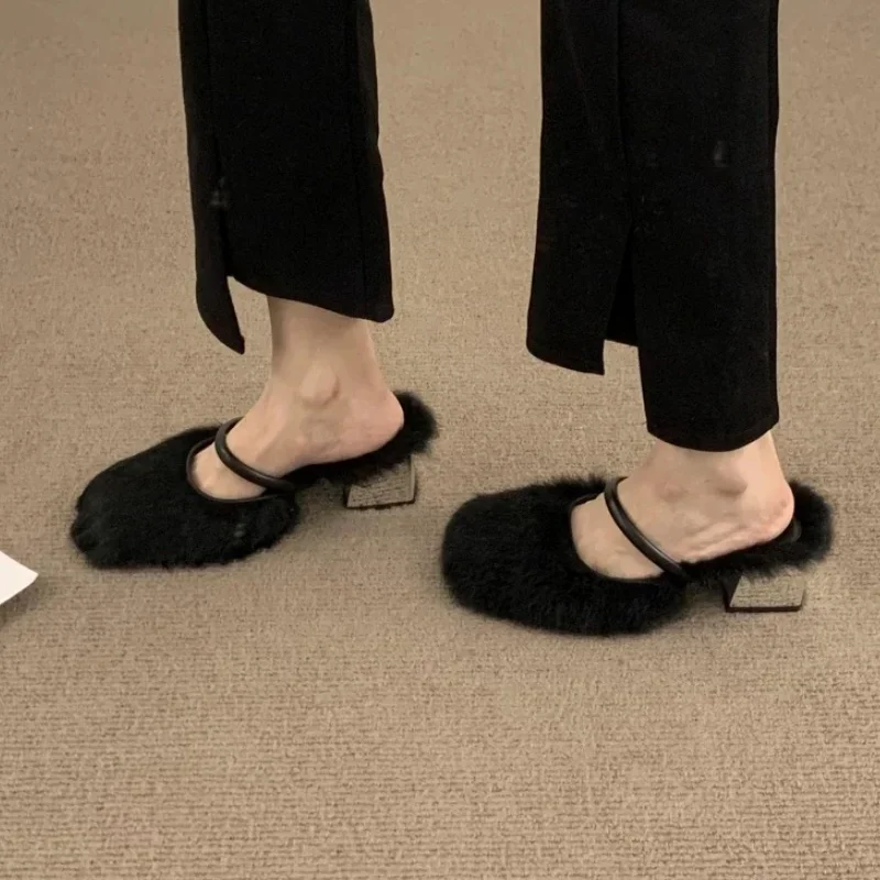 Женские меховые тапочки на высоком каблуке модная зимняя новая дизайнерская