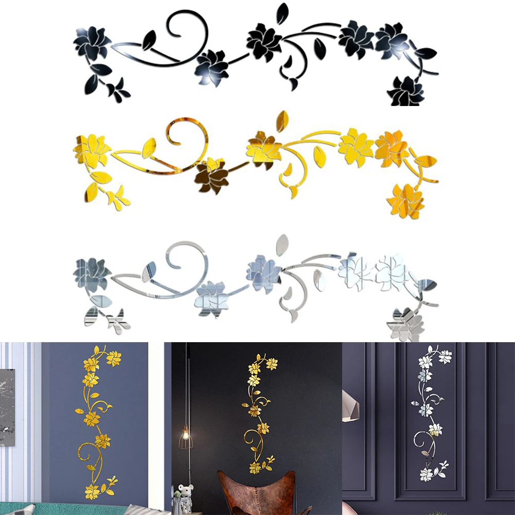 

Rattan Wall Stickers Flowers 3D DIY Mirror Effect Gold Silvery Black Home Decoration 100×30cm Mural Decal Acrylic Wardrobe