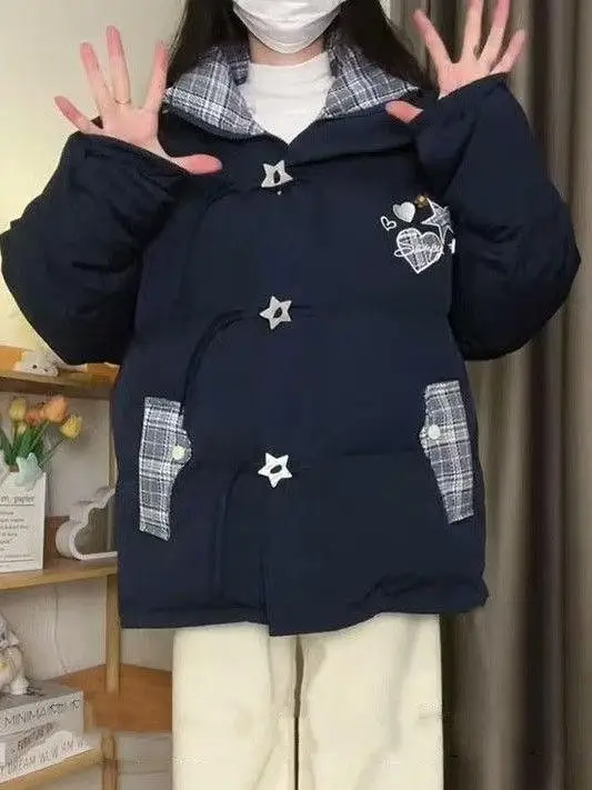 Плюс размер Темно-синяя куртка с вышитым воротником-стойкой на хлопковой