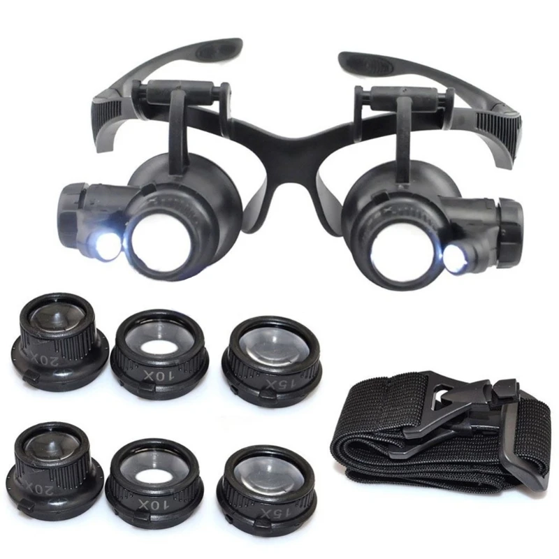 10X 15X 20X 25X LED Double Eye Jeweler Repair Watch Magnifier Loupe Glasses Lens