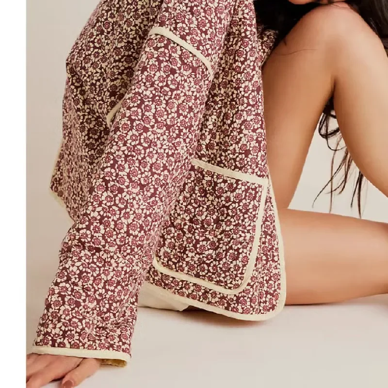 Женская Стеганая куртка в этническом стиле красная короткая с цветочным принтом