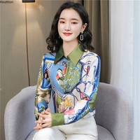 summer women shirt long sleeve top printing new fashion casual polo satin loose vintage button blouse